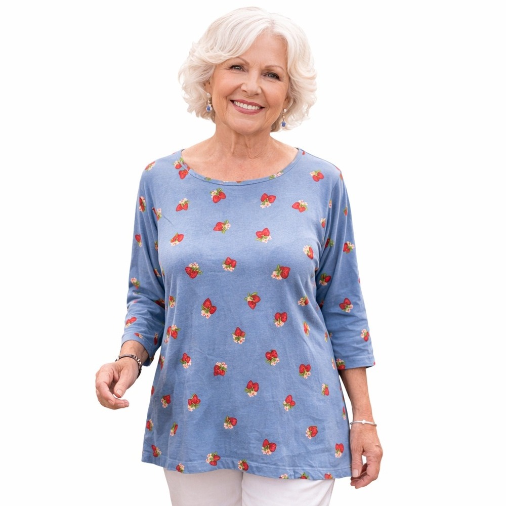 Quacker Factory Jeanne Bice XL Blue Strawberry Print Top 3/4 Sleeve Rhinestone